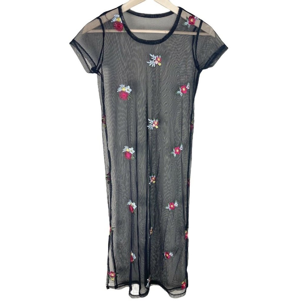 Vintage Y2K long black sheer mesh floral dress size small - Picture 2 of 5